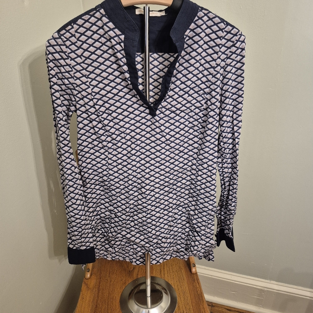 Tory Burch Navy and White Diamond Pattern Blouse